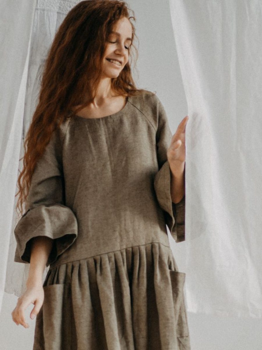Marguerite Tiered Linen Dress in Olive — AURELLE, detail