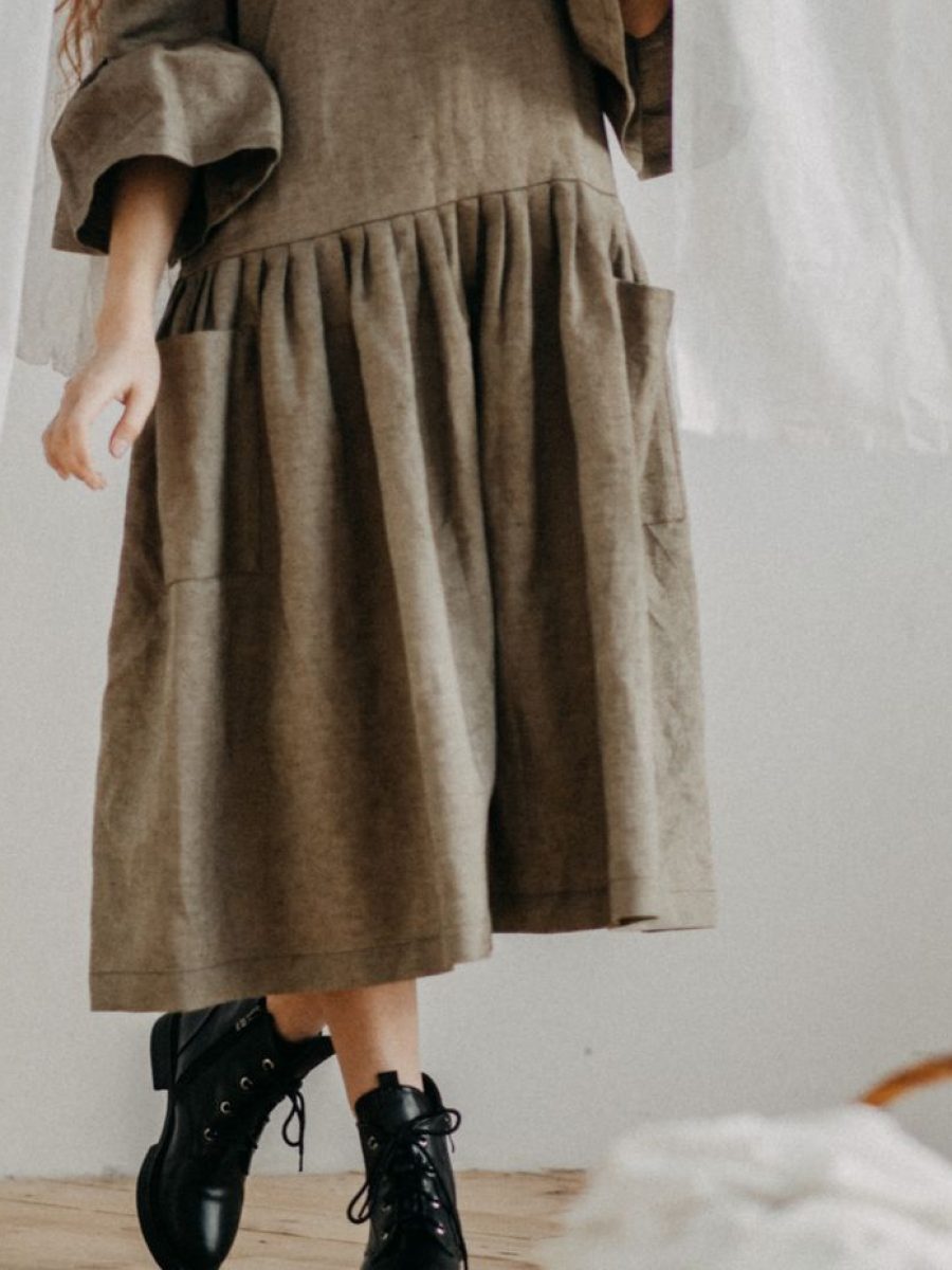 Marguerite Tiered Linen Dress in Olive — AURELLE, detail