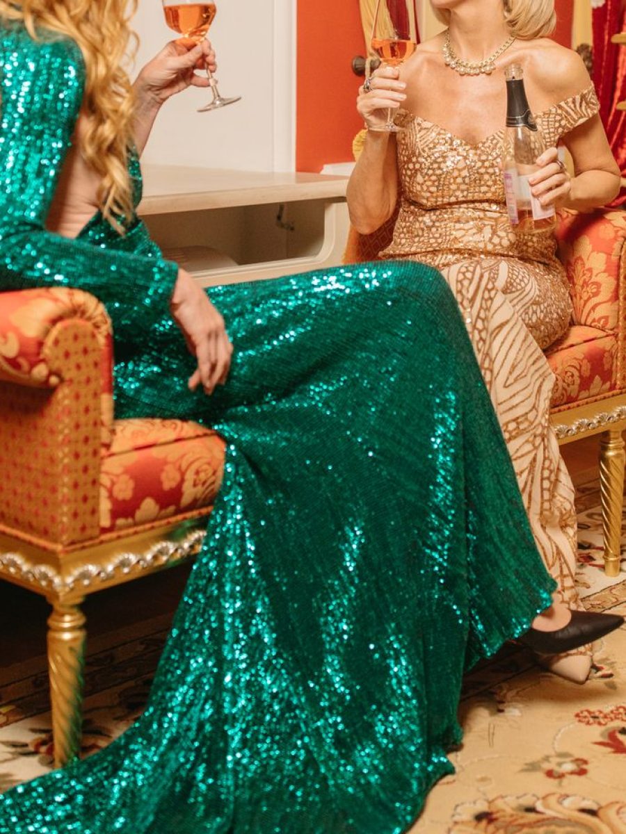 Seraphine Sequin Gown in Emerald — AURELLE, detail