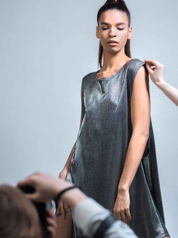 Aurore Draped Satin Gown in Pewter — AURELLE