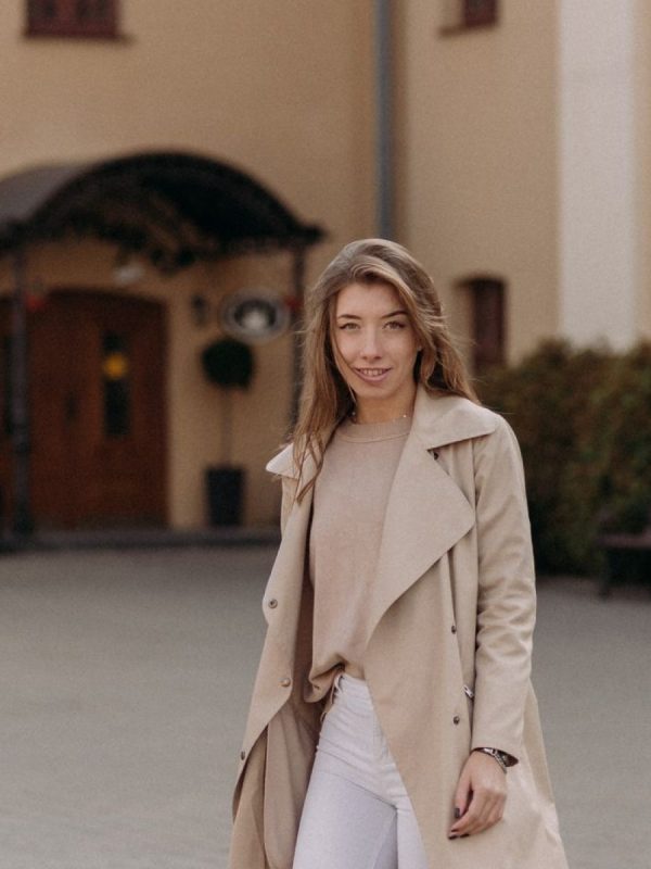 Genevieve Cotton Trench Coat in Stone — AURELLE, detail