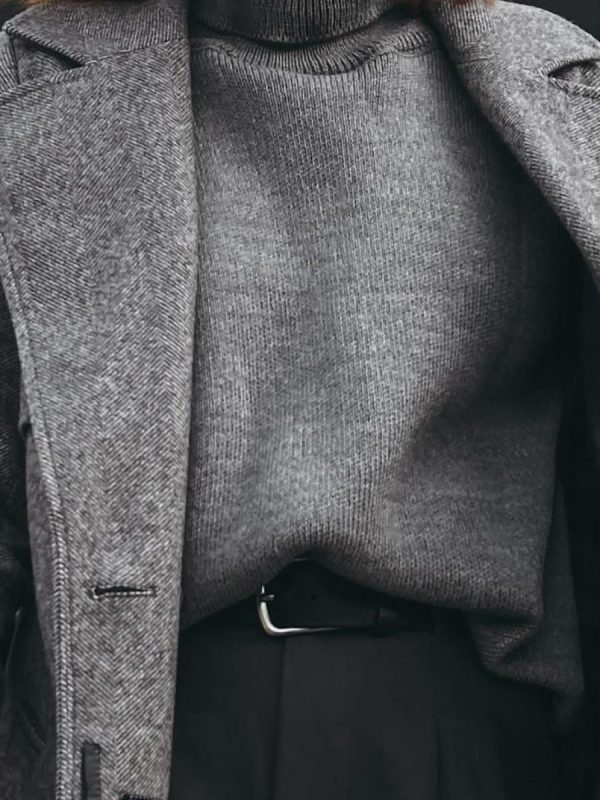 Mireille Wool Overcoat in Grey Melange — AURELLE, detail