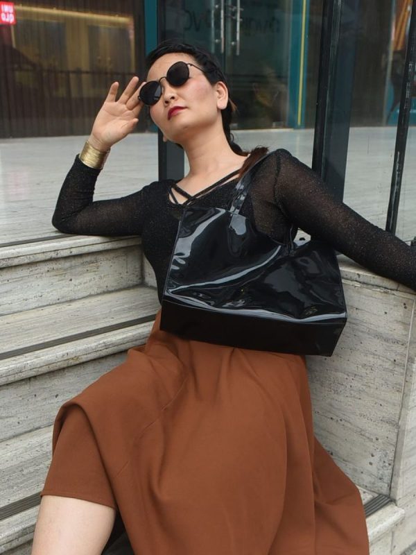 Estelle Bias Midi Skirt in Rust — AURELLE, detail