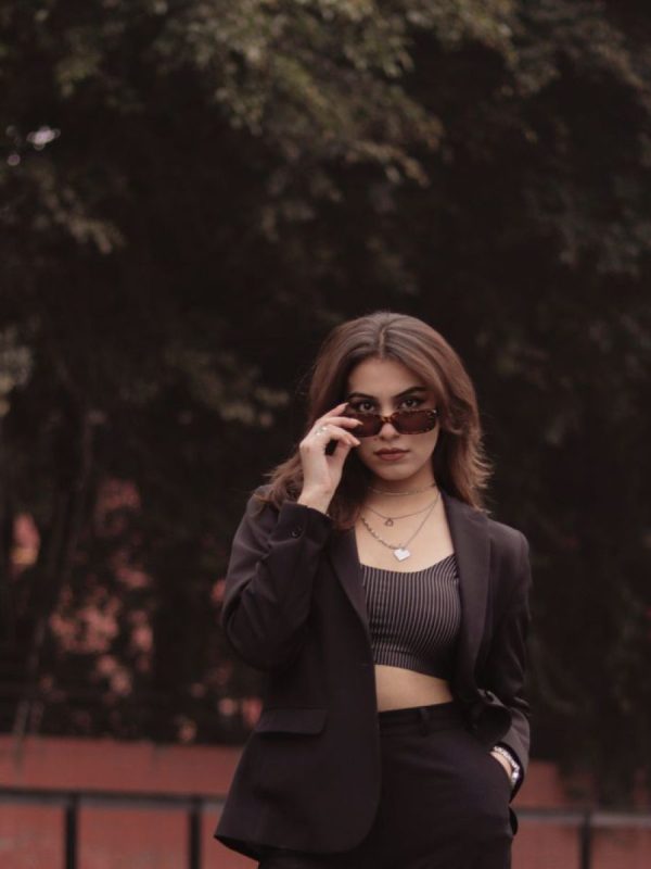 Elodie Crepe Blazer in Black — AURELLE, detail